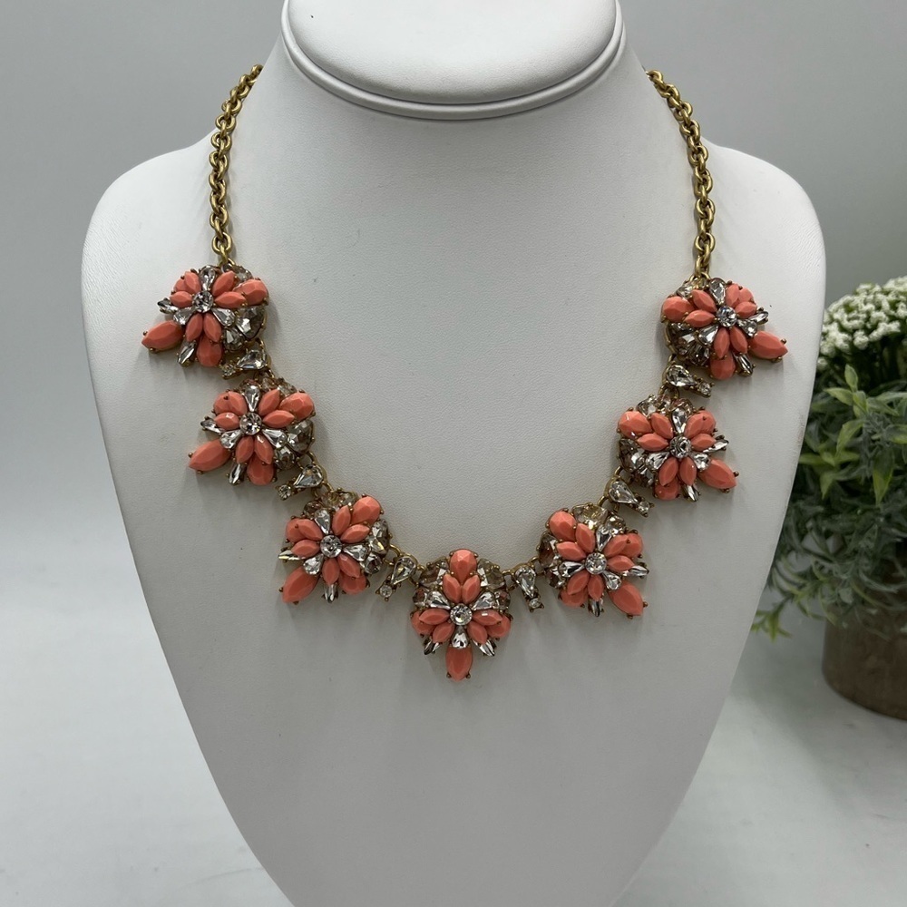 J Crew Opaque Pink and Clear Crystal Gold‎ Tone Floral Statement Necklace